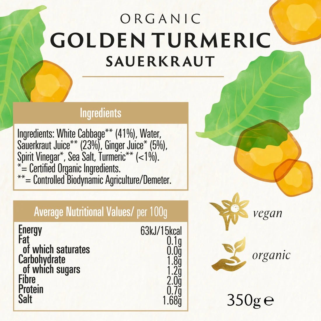 Organic Sauerkraut Golden Turmeric 350g - Biona - Preserved Vegetables - Eco Natural Products