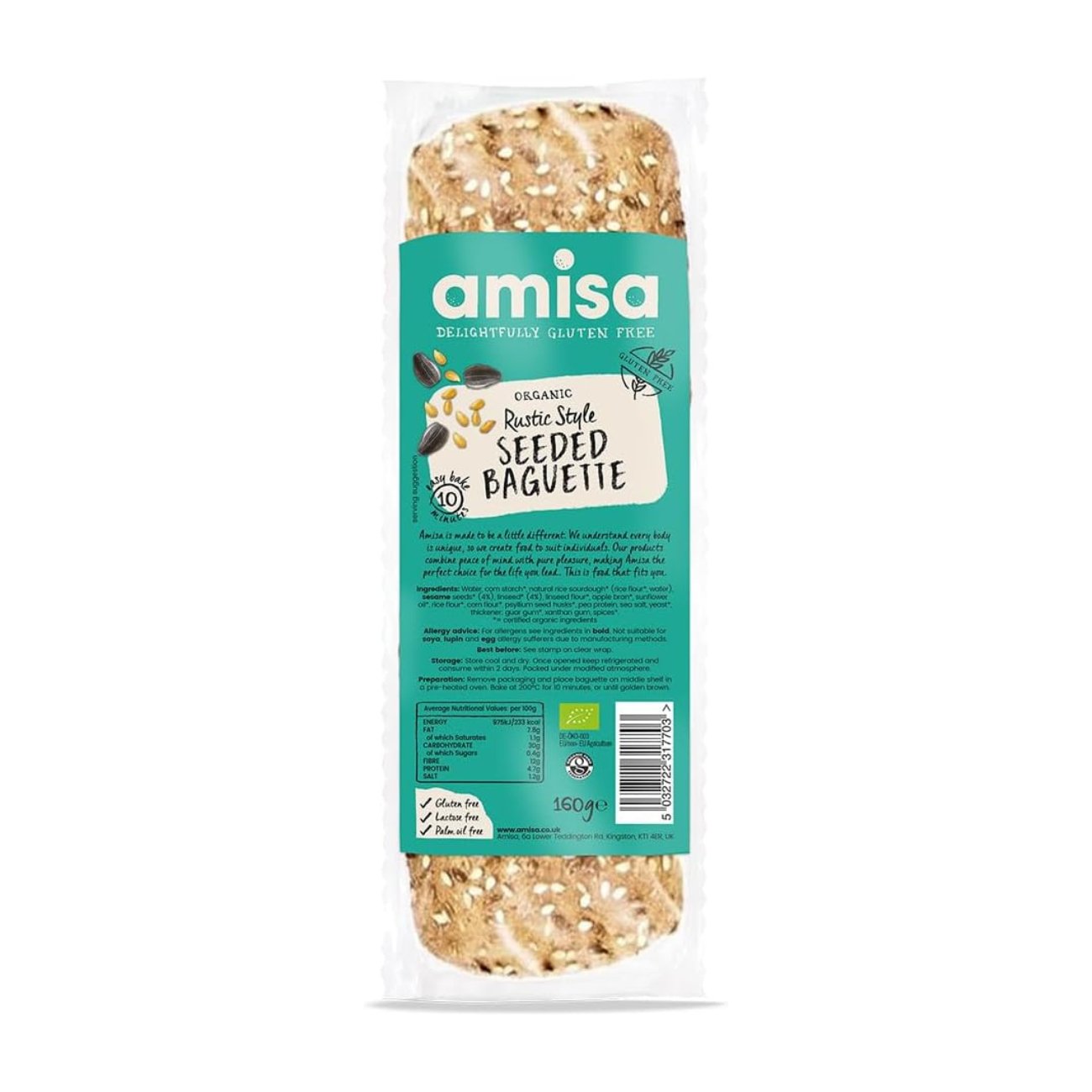 Organic Seeded Baguette Rustic Style GF 160g - Amisa - Bread - Eco Natural Products