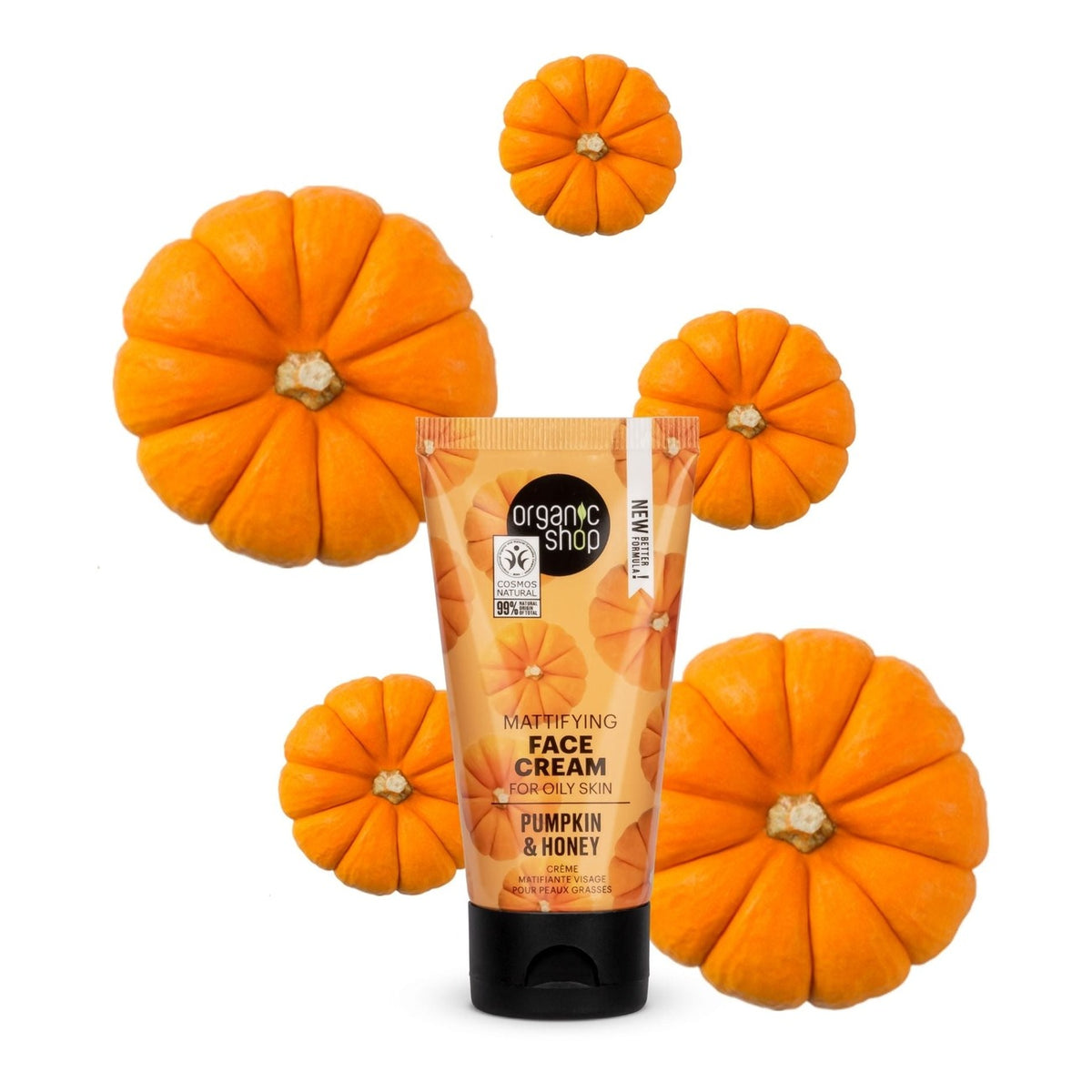 Organic Shop Pumpkin and Honey Mattifying Face Cream for Oily Skin 50ml with pumpkins