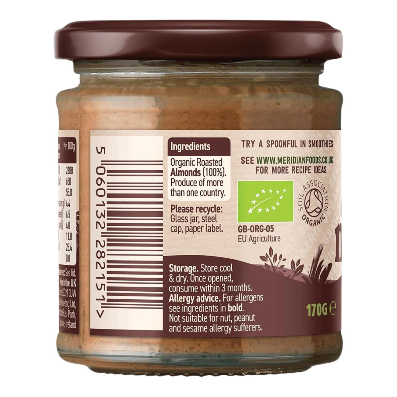 Organic Smooth Almond Butter 100% - 170g - Meridian - Spreads - Eco Natural Products