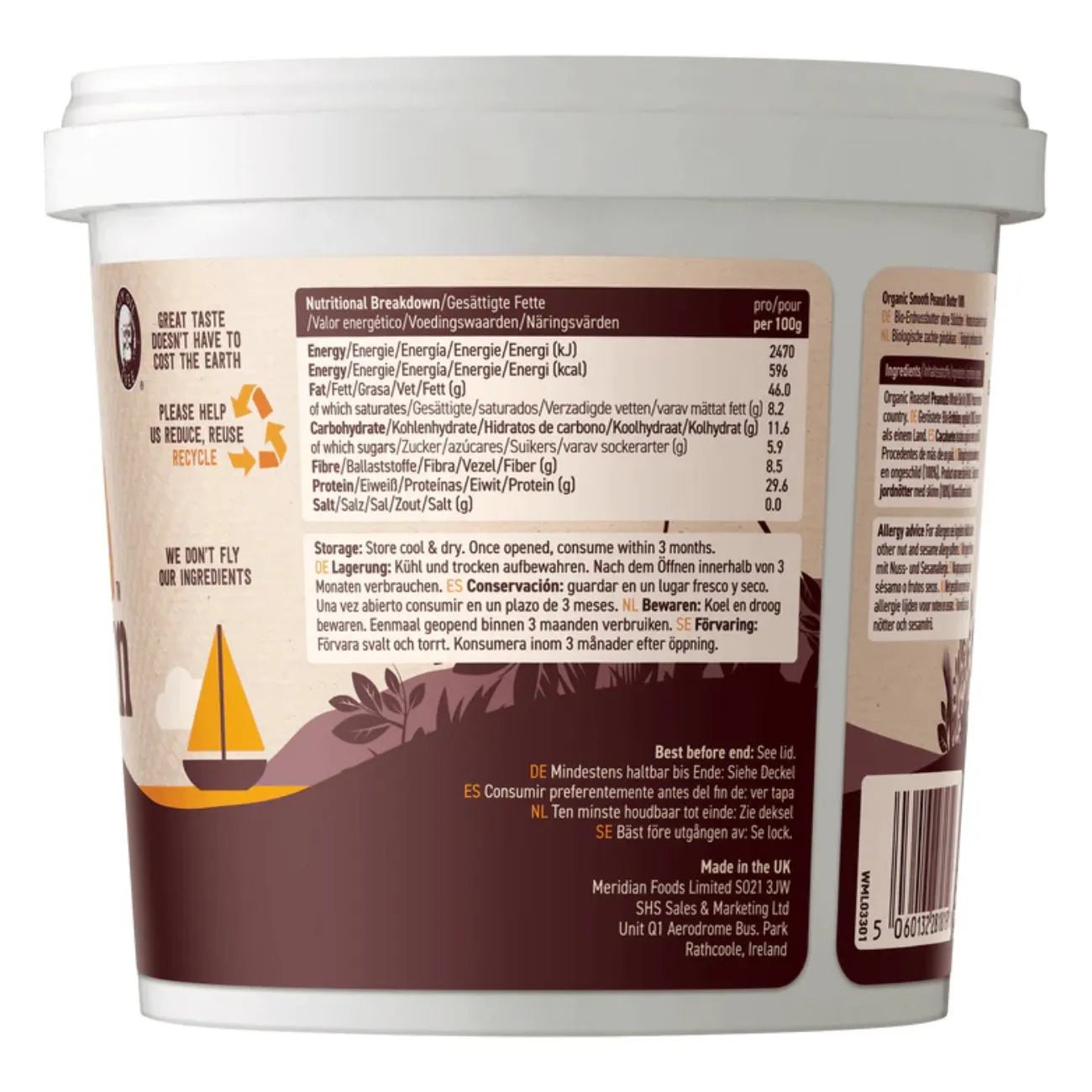 Organic Smooth Peanut Butter 100% 1kg BBE 30.11.2025 - Meridian - Nut Butters - Meridian