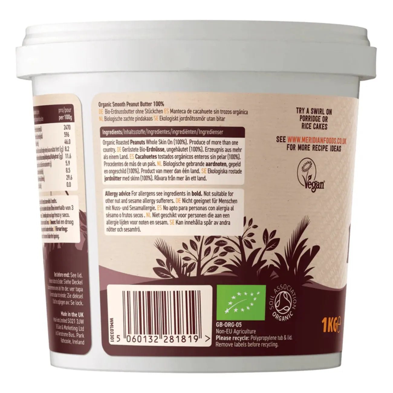 Organic Smooth Peanut Butter 100% 1kg BBE 30.11.2025 - Meridian - Nut Butters - Meridian