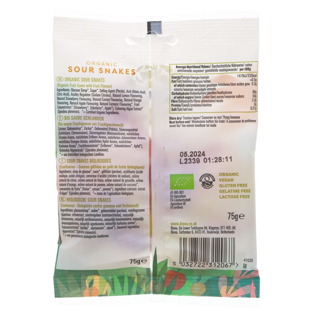 Organic Sour Snakes 75g - Biona - Jelly - Eco Natural Products