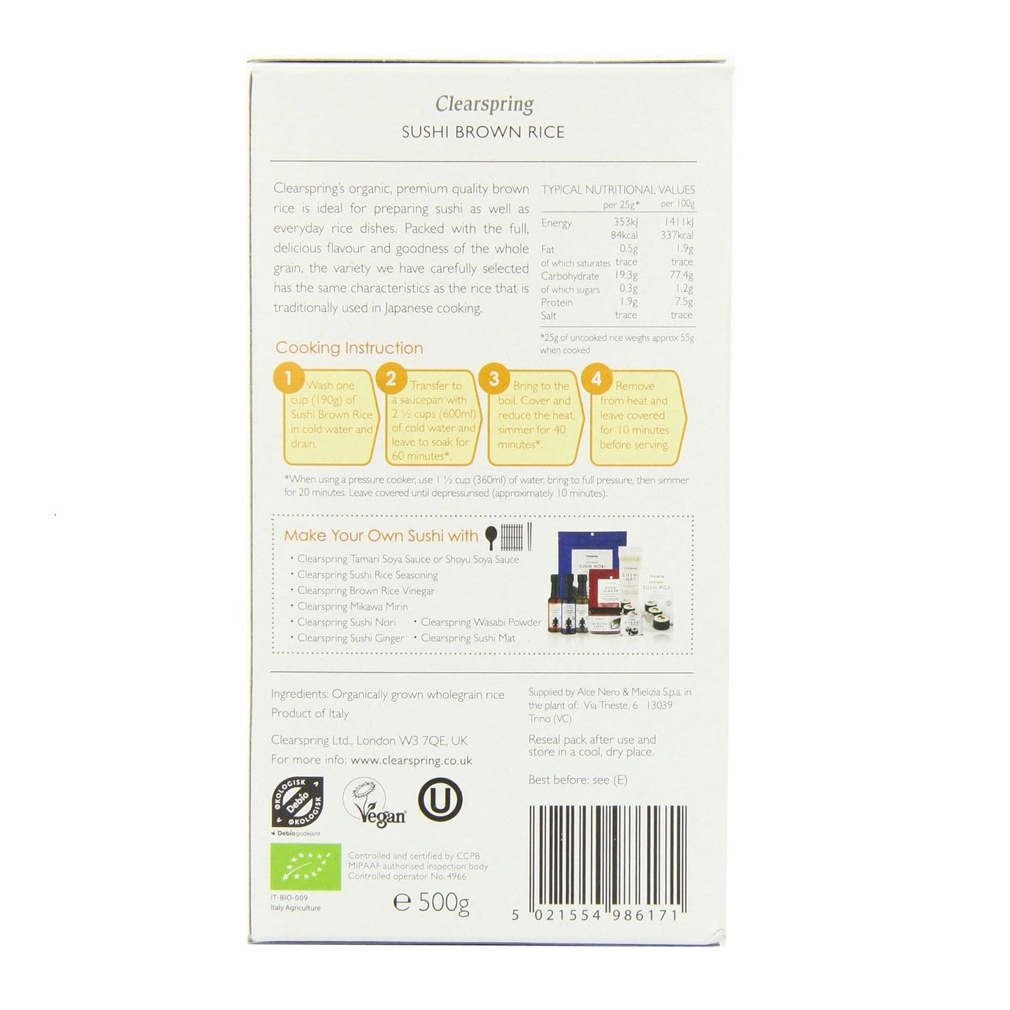 Organic Sushi Brown Rice Short Grain 500g - Clearspring - Rice - Eco Natural Products