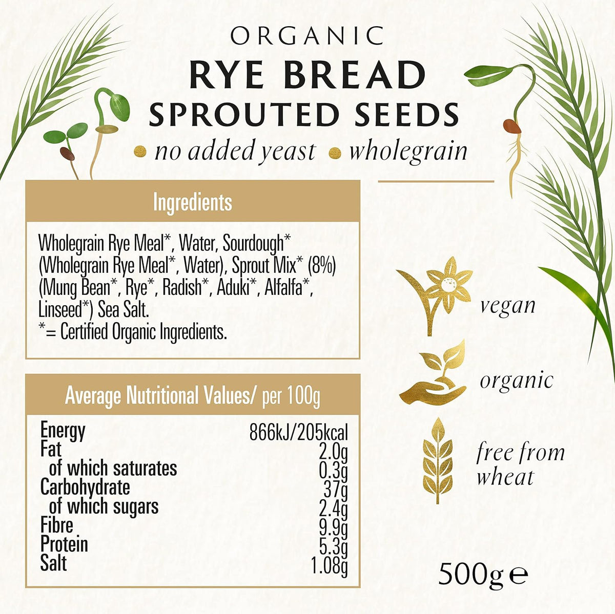 Organic Vitality Sprout Mix Rye Bread 500g - Biona - Breads & Buns - Eco Natural Products