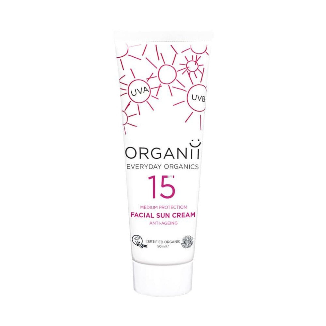 Front view of Organii Facial Sun Cream SPF15 – vegan organic sunscreen for face with medium protection and anti-ageing benefits