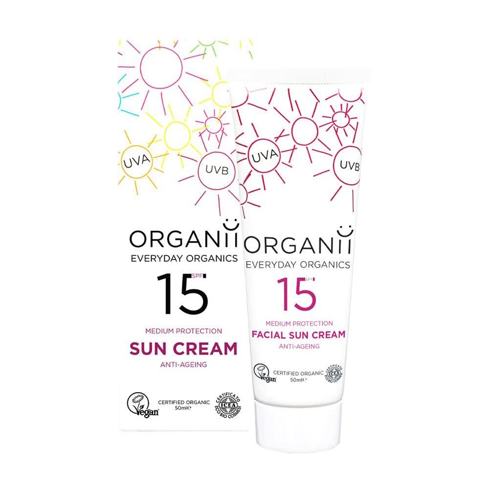 Organii Facial Sun Cream SPF15 with box – medium protection organic sun cream with anti-ageing benefits for face