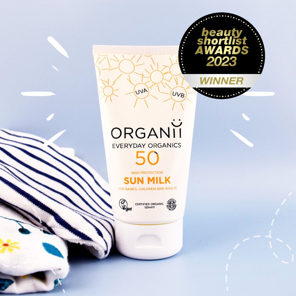 Organii Sun Milk SPF50 – award-winning organic sunscreen for babies, children, and adults with UVA and UVB protection