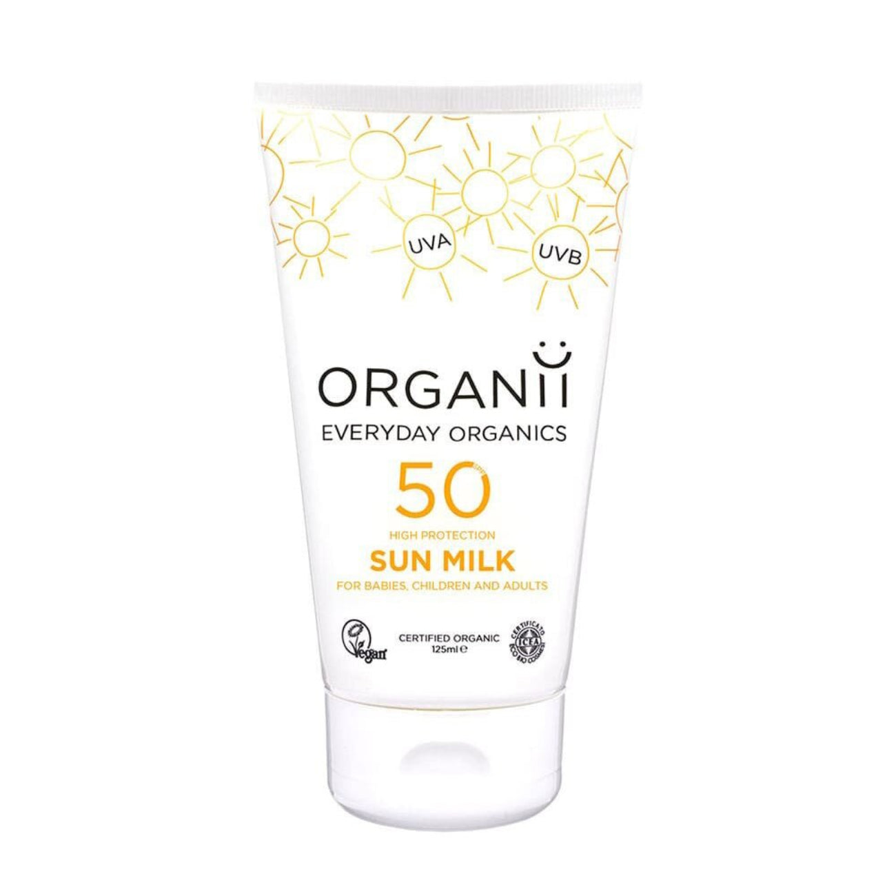 Front view of Organii Sun Milk SPF50 125ml – natural vegan sunscreen for sensitive skin