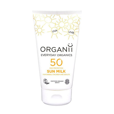Front view of Organii Sun Milk SPF50 125ml – natural vegan sunscreen for sensitive skin