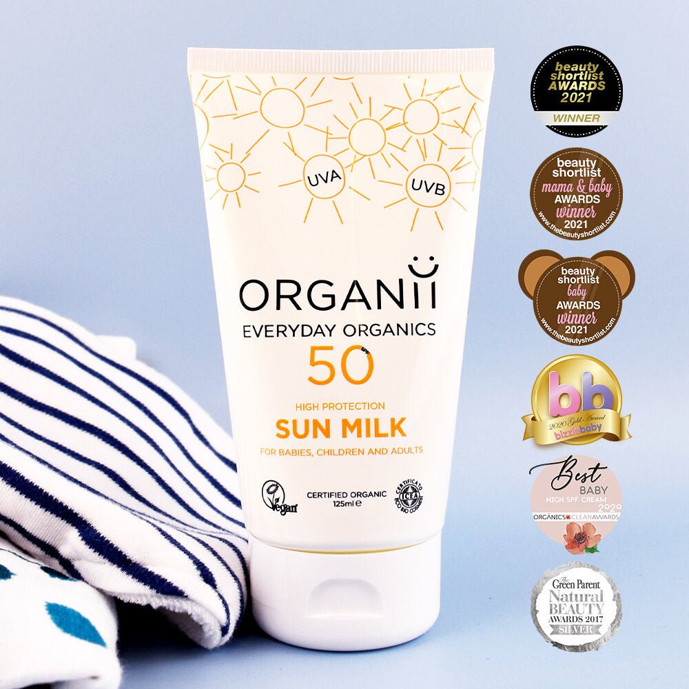 Organii Sun Milk SPF50 – certified organic sunscreen with multiple beauty awards, suitable for babies, children, and adults