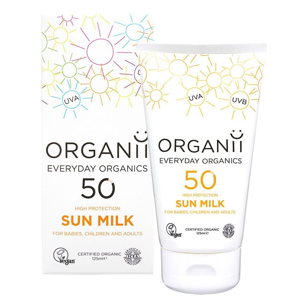 Organii Sun Milk SPF50 with outer packaging – organic high-protection sunscreen for babies, children, and adults