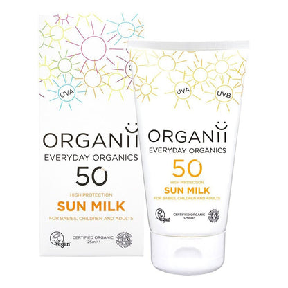 Organii Sun Milk SPF50 with outer packaging – organic high-protection sunscreen for babies, children, and adults