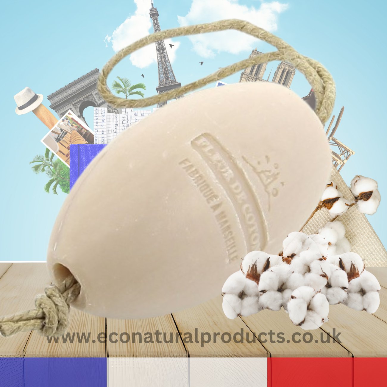 Oval Soap With Cord Fleur de Coton (Cotton Flowers) 240g - FouFour - Savon de Marseille - Soap Bar - Eco Natural Products