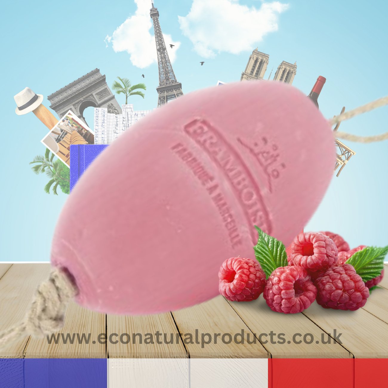 Oval Soap With Cord Framboise (Raspberry) 240g - FouFour - Savon de Marseille - Bar Soap - Eco Natural Products