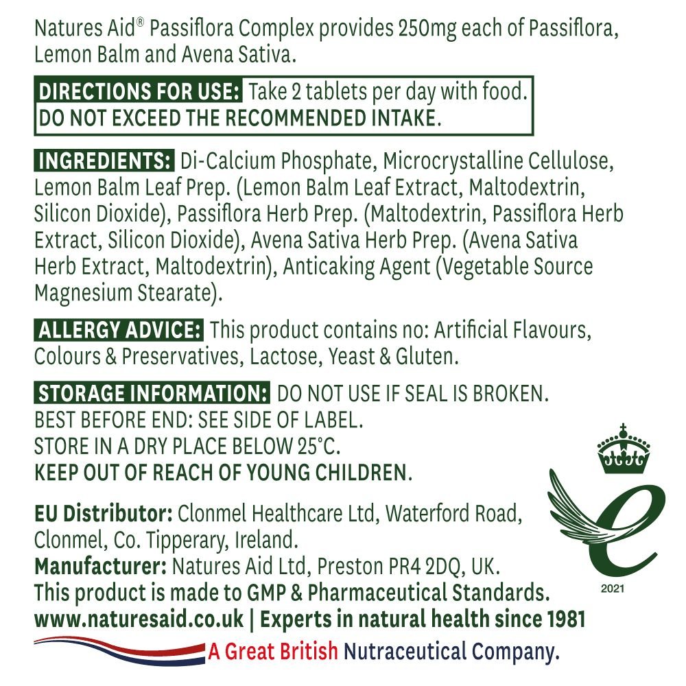 Passiflora Lemon Balm & Avena Sativa 60 Tablets - Natures Aid - Vitamins & Supplements - Eco Natural Products