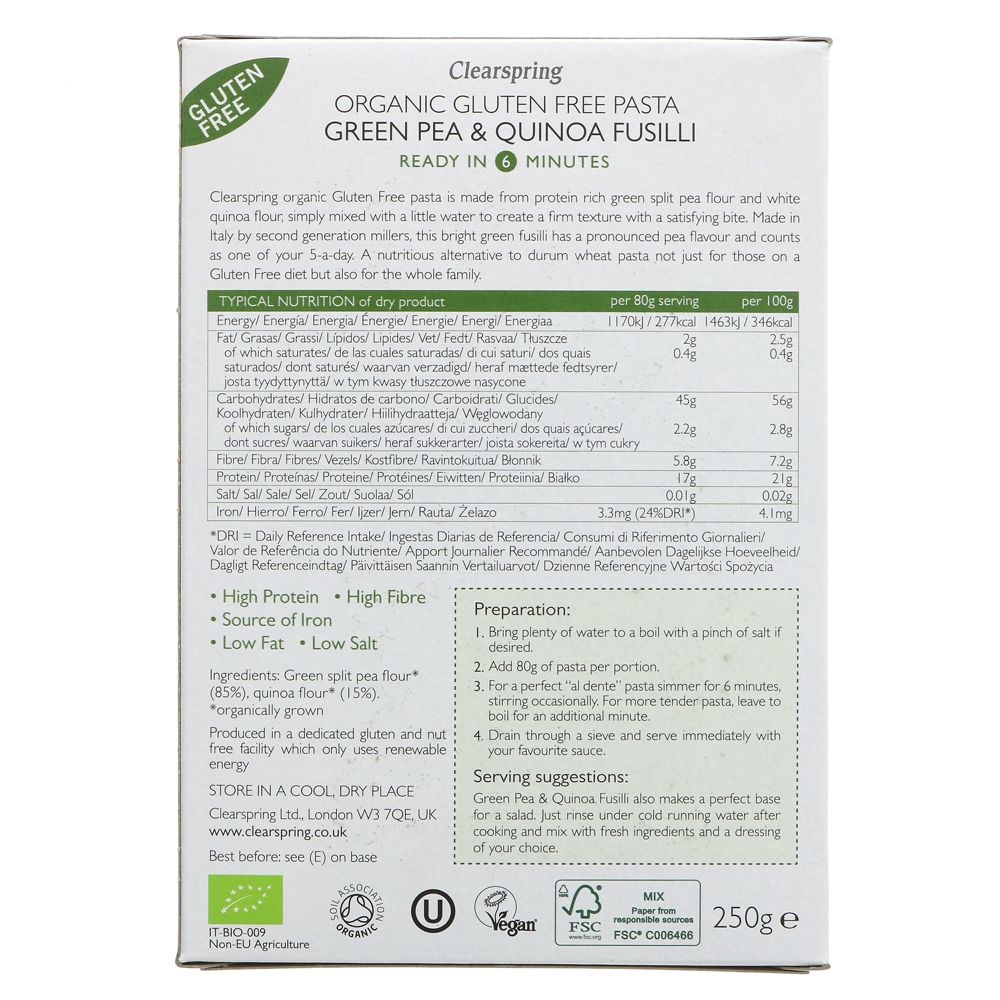 Organic Green Pea & Quinoa Gluten Free Pasta Fusilli 250g