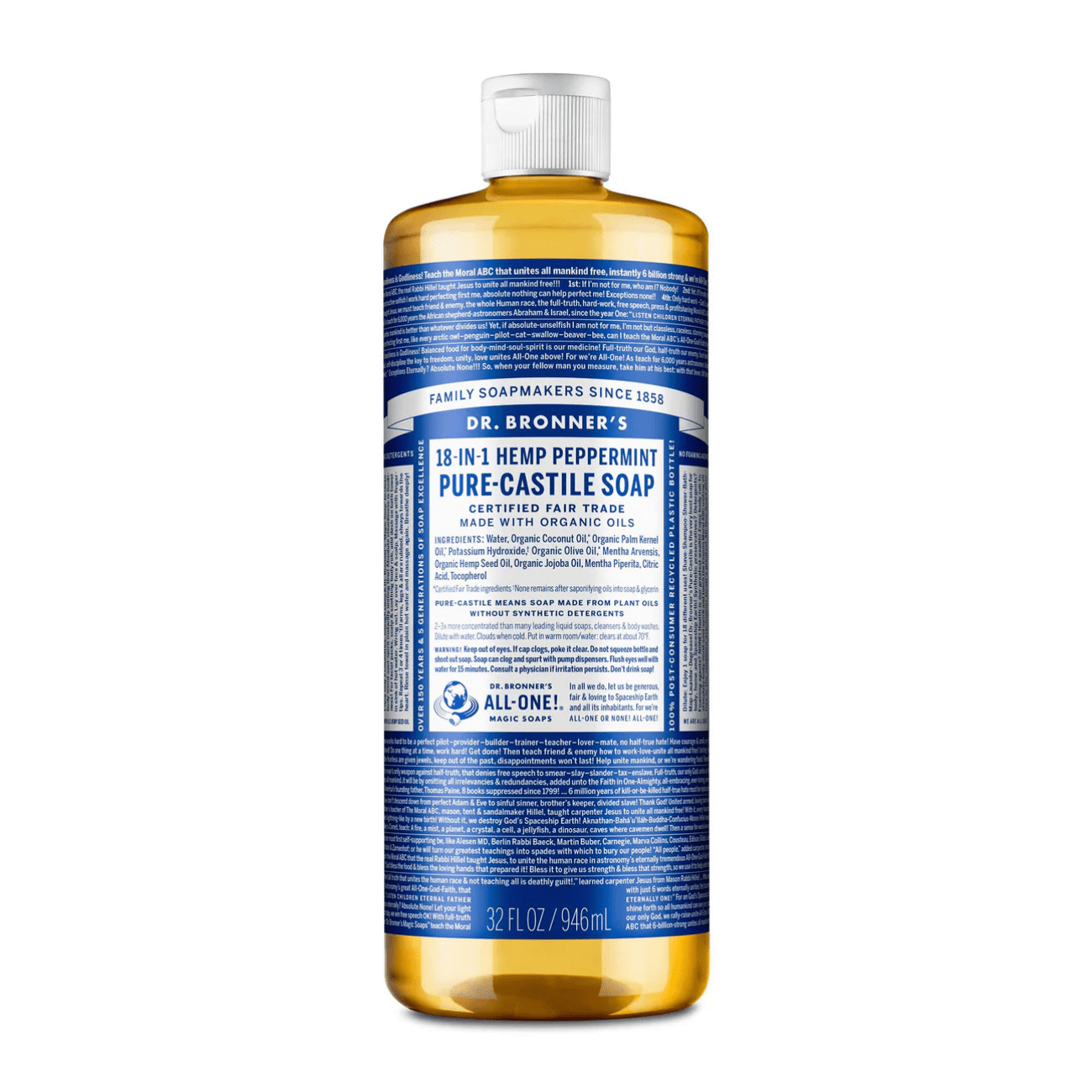 Peppermint Pure - Castile Liquid Soap 946ml - Eco Natural Products - Dr. Bronner - Liquid Soap