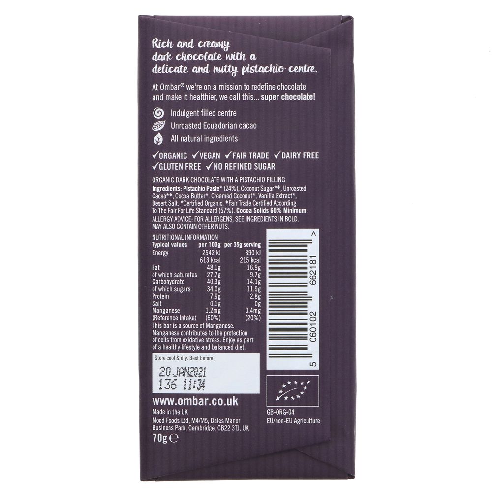 Pistachio Centres Chocolate Bar 70g - Ombar - Chocolate Bar - Eco Natural Products