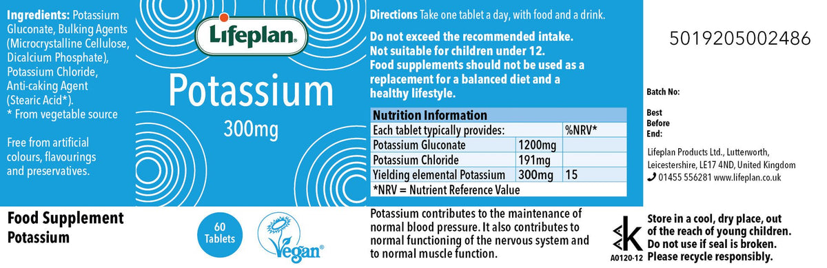 Potassium 300mg 60 Tablets - Lifeplan - Minerals - Lifeplan