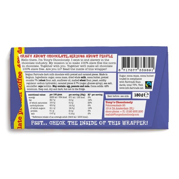 Pretzel Toffee Dark Milk Chocolate Bar 180g - Tony's Chocolonely - Chocolate Bar - Eco Natural Products