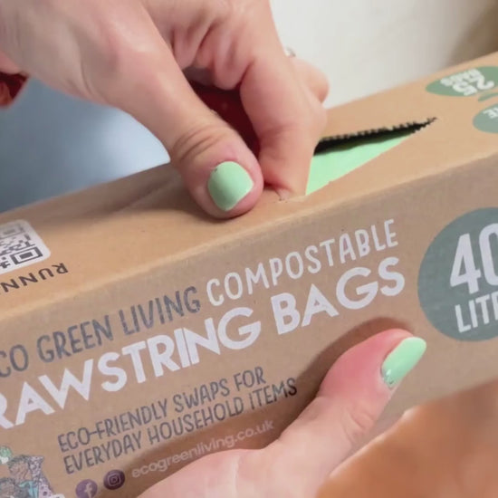 Eco Green Living Compostable Drawstring Bin Bags 40L 25 Pack opening the packaging