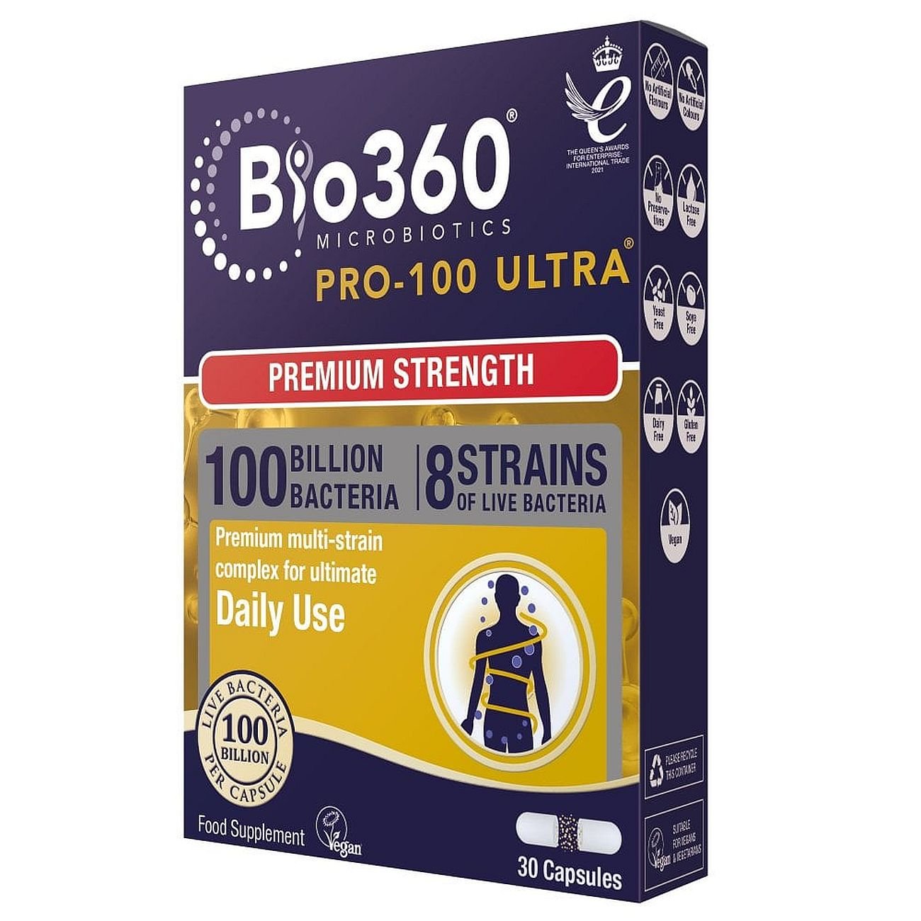 Pro 100 Ultra 100 Billion Bacteria 8 Strain Probiotics Complex 30 Capsules - Natures Aid - Vitamins & Supplements - Eco Natural Products