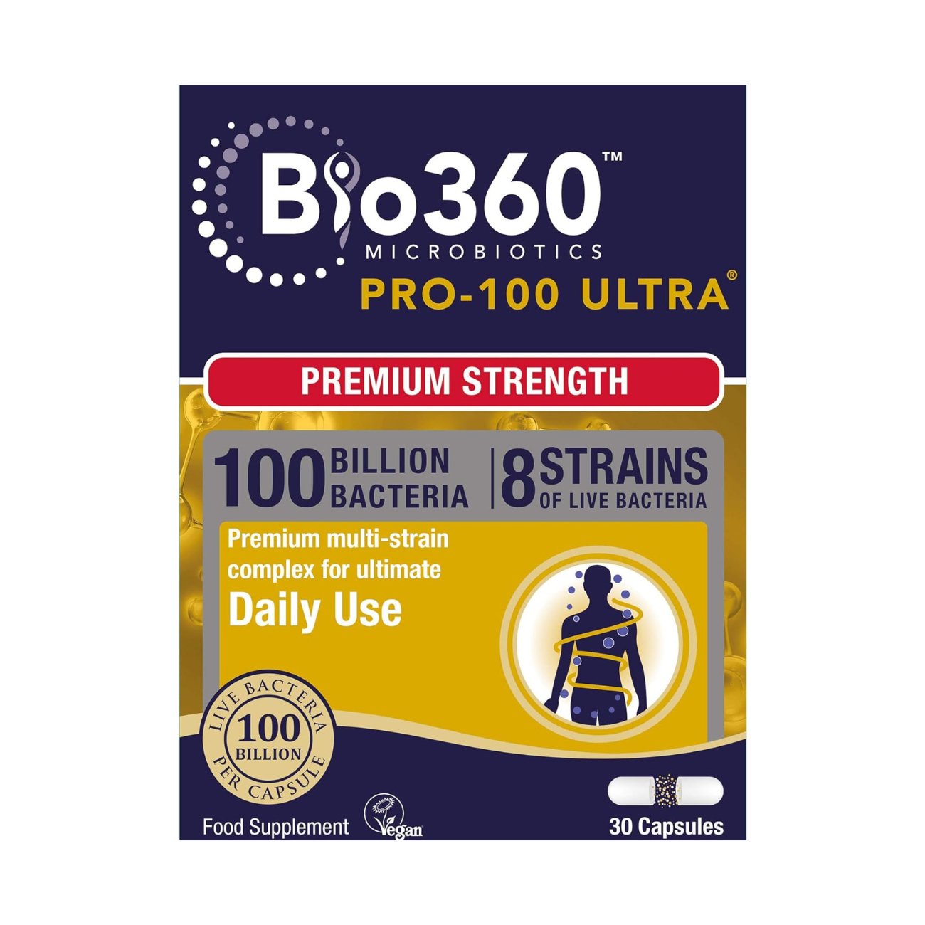 Pro 100 Ultra 100 Billion Bacteria 8 Strain Probiotics Complex 30 Capsules - Natures Aid - Vitamins & Supplements - Eco Natural Products