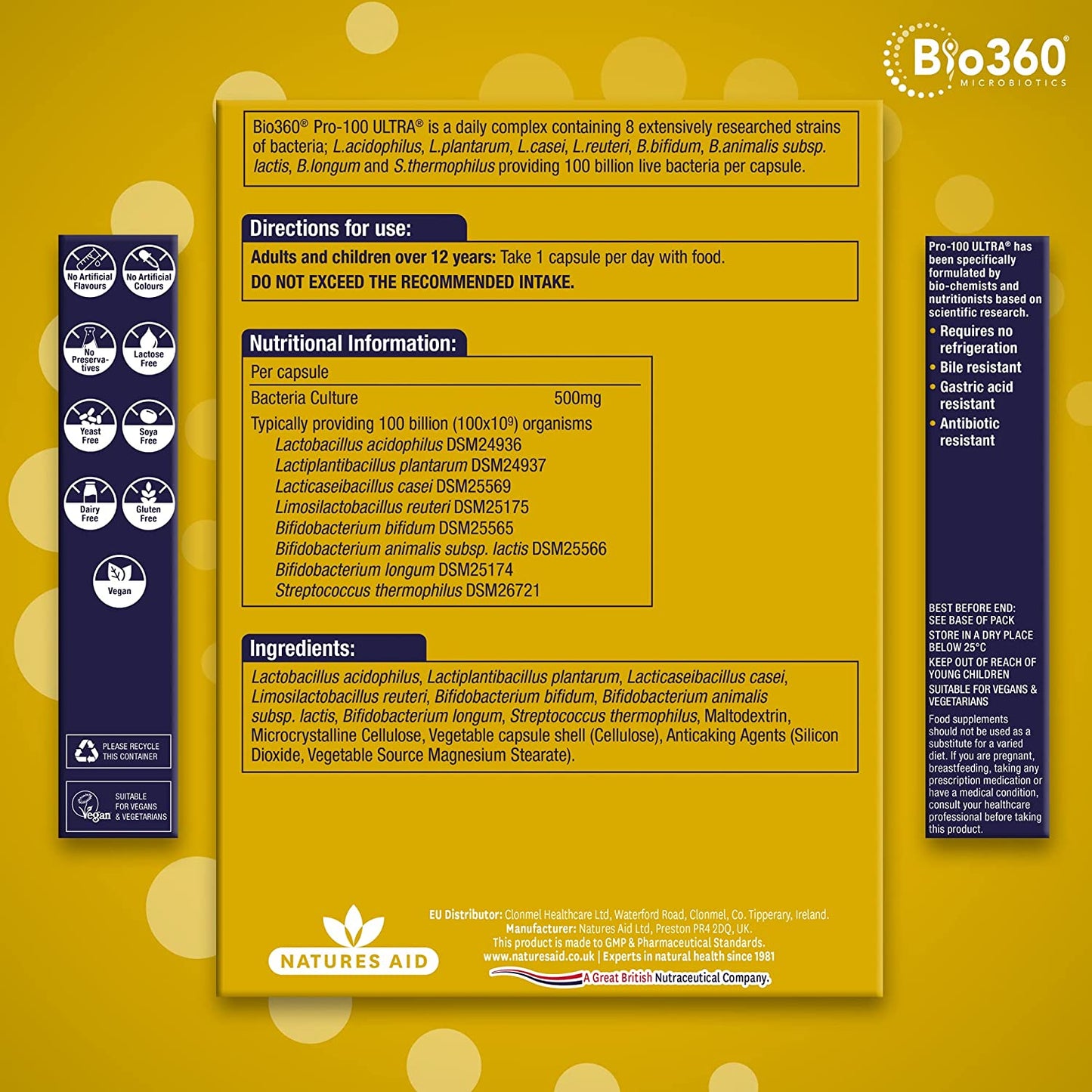 Pro 100 Ultra 100 Billion Bacteria 8 Strain Probiotics Complex 30 Capsules - Natures Aid - Vitamins & Supplements - Eco Natural Products