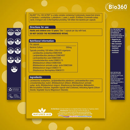 Pro 100 Ultra 100 Billion Bacteria 8 Strain Probiotics Complex 30 Capsules - Natures Aid - Vitamins & Supplements - Eco Natural Products