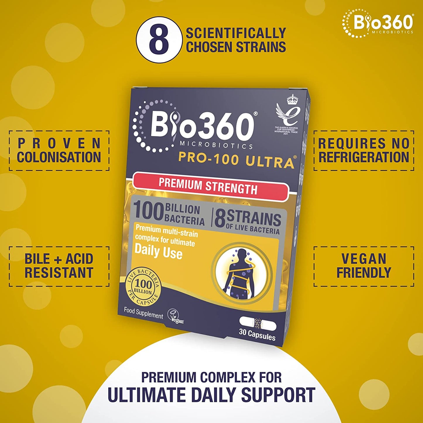 Pro 100 Ultra 100 Billion Bacteria 8 Strain Probiotics Complex 30 Capsules - Natures Aid - Vitamins & Supplements - Eco Natural Products