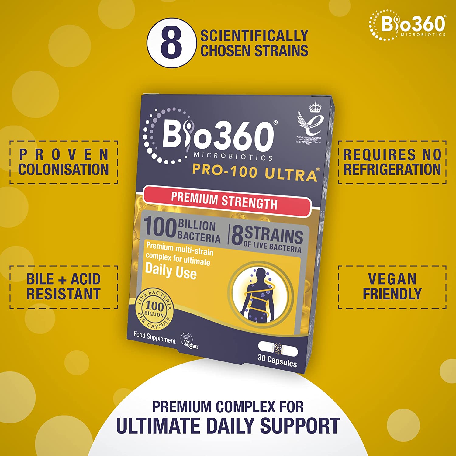 Pro 100 Ultra 100 Billion Bacteria 8 Strain Probiotics Complex 30 Capsules - Natures Aid - Vitamins & Supplements - Eco Natural Products