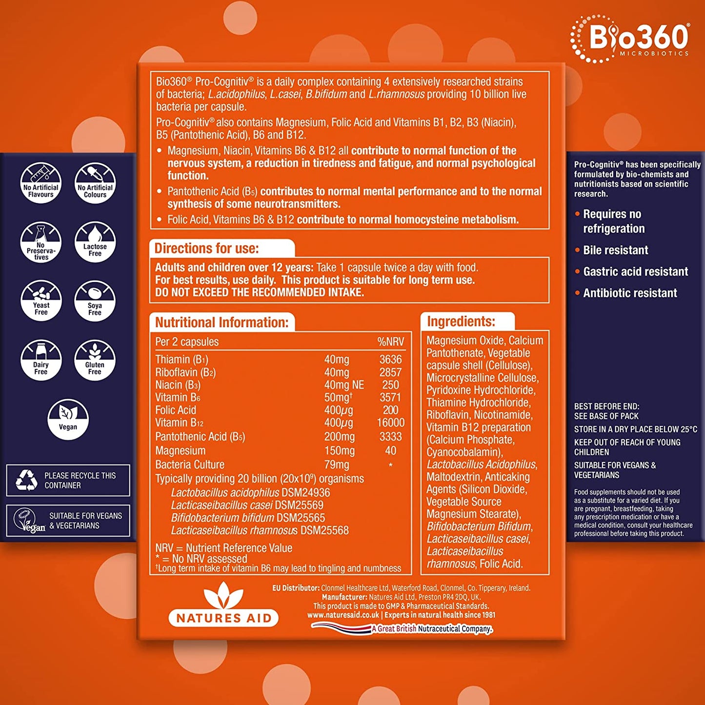 Pro - Cognitiv 10 Billion Bacteria Probiotics Mental Performance 60 Capsules - Natures Aid - Vitamins & Supplements - Eco Natural Products
