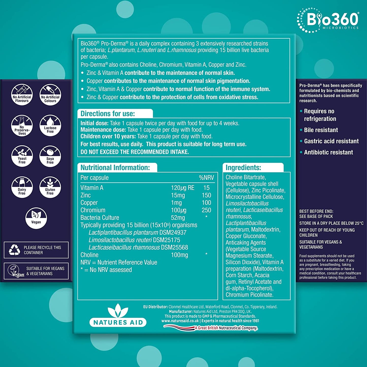 Pro Derma 15 Billion Bacteria Skin Health Probiotics 60 Capsules - Natures Aid - Vitamins & Supplements - Eco Natural Products