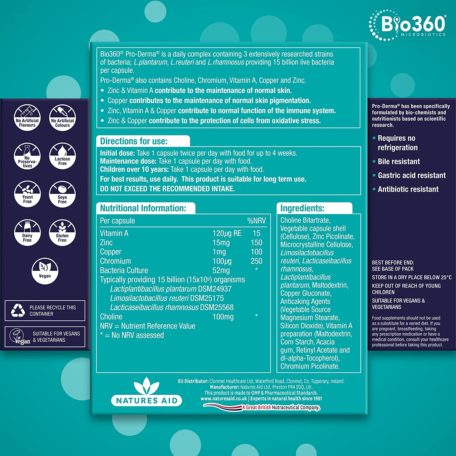 Pro Derma 15 Billion Bacteria Skin Health Probiotics 60 Capsules - Natures Aid - Vitamins & Supplements - Eco Natural Products