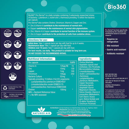 Pro Derma 15 Billion Bacteria Skin Health Probiotics 60 Capsules - Natures Aid - Vitamins & Supplements - Eco Natural Products
