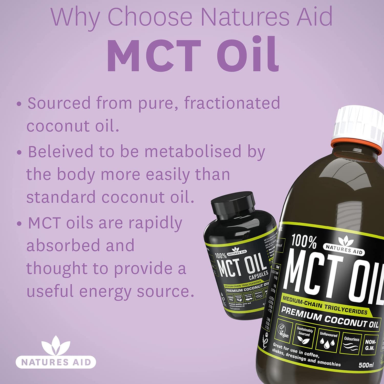 Pure MCT Oil from Premium Coconut Oil 500ml - Natures Aid - Mct Oil - Eco Natural Products