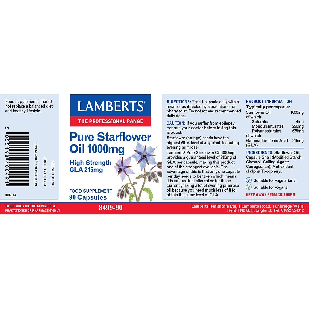 Pure Starflower Oil 1000mg 90 Capsules - Lamberts - Food Supplement - Eco Natural Products
