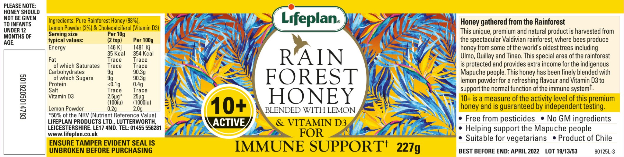 Rainforest Honey Active 10+ With Lemon and D3 227g - Lifeplan - Honey - Eco Natural Products