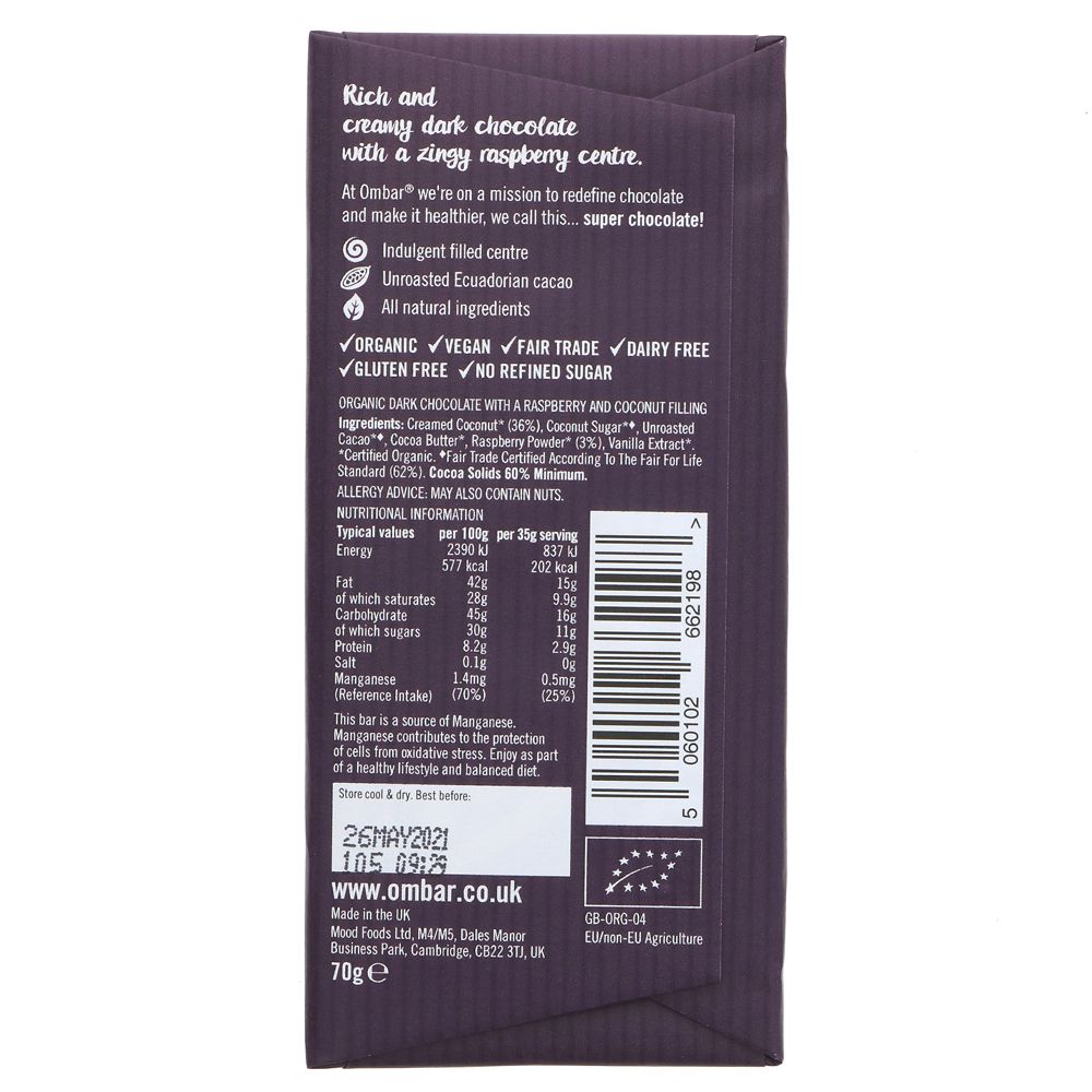 Raspberry & Coconut Centres Chocolate Bar 70g - Ombar - Chocolate Bar - Eco Natural Products