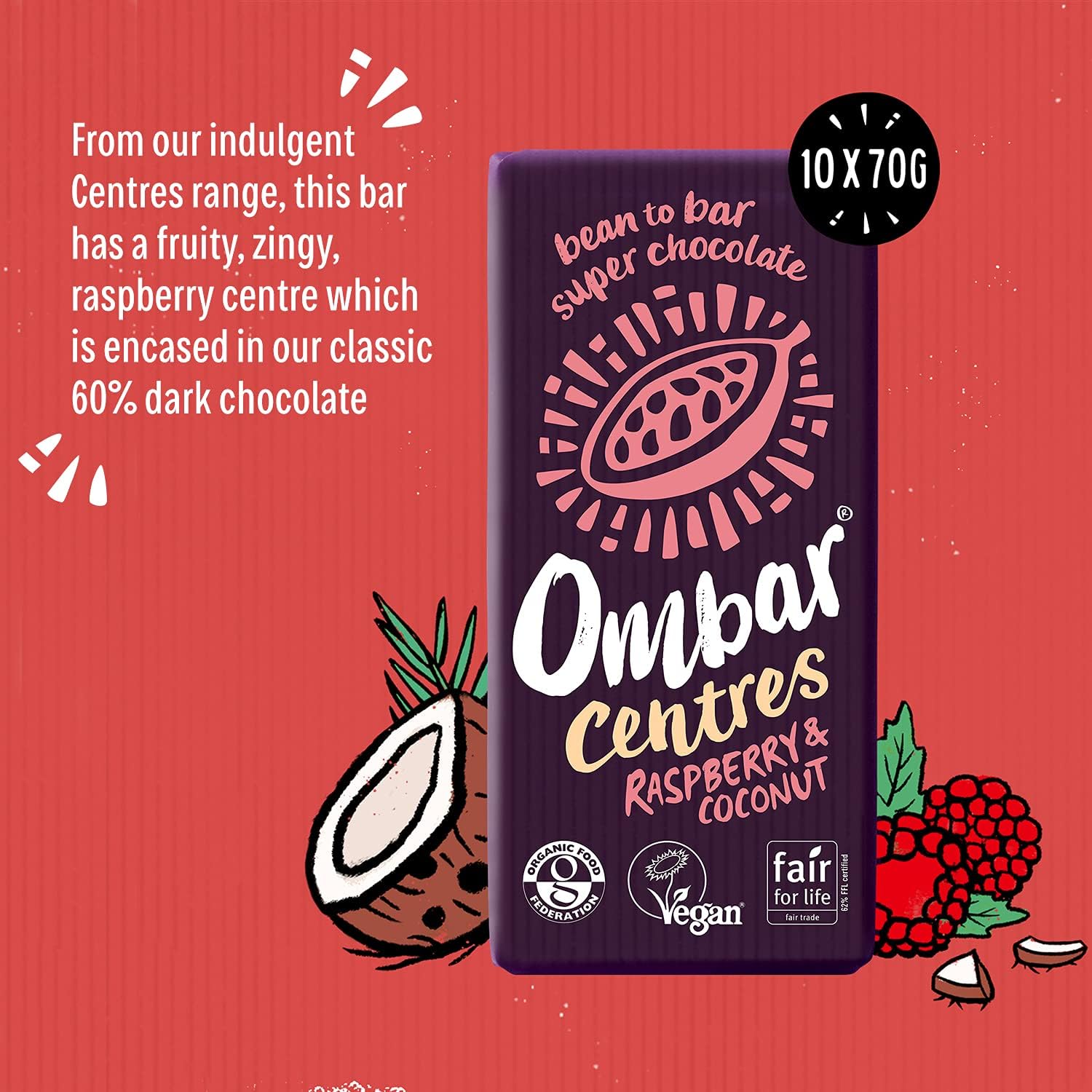 Raspberry & Coconut Centres Chocolate Bar 70g - Ombar - Chocolate Bar - Eco Natural Products