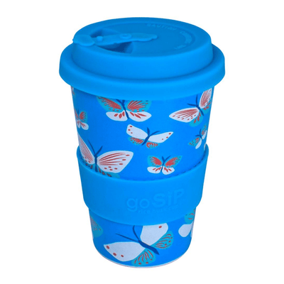 Reusable butterfly travel cup made from rice husk – BPA free, microwave safe, biodegradable and stylish.