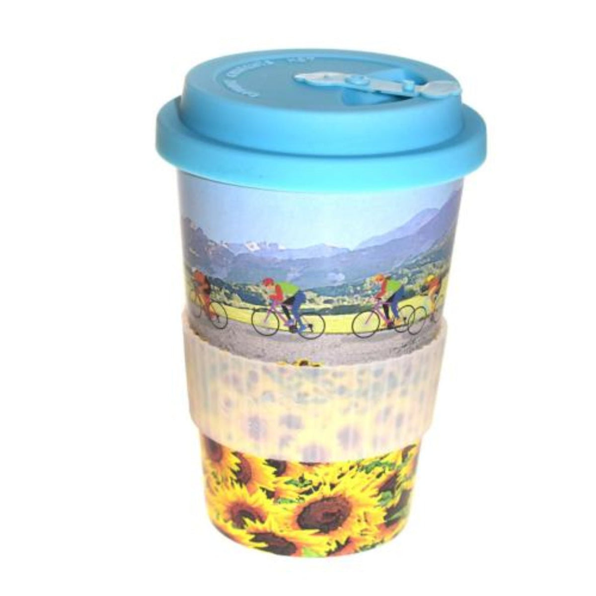 Reusable travel cup with sunflower design made from rice husk – BPA free, compostable, and dishwasher safe.