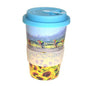 Reusable travel cup with sunflower design made from rice husk – BPA free, compostable, and dishwasher safe.