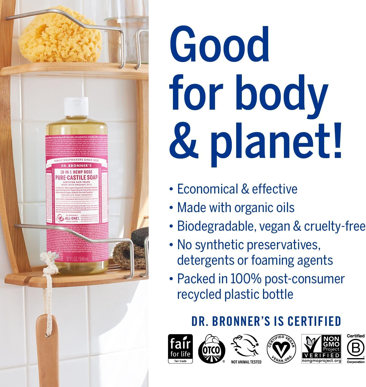 Rose Pure - Castile Liquid Soap 946ml - Dr. Bronner - Liquid Soap - Eco Natural Products