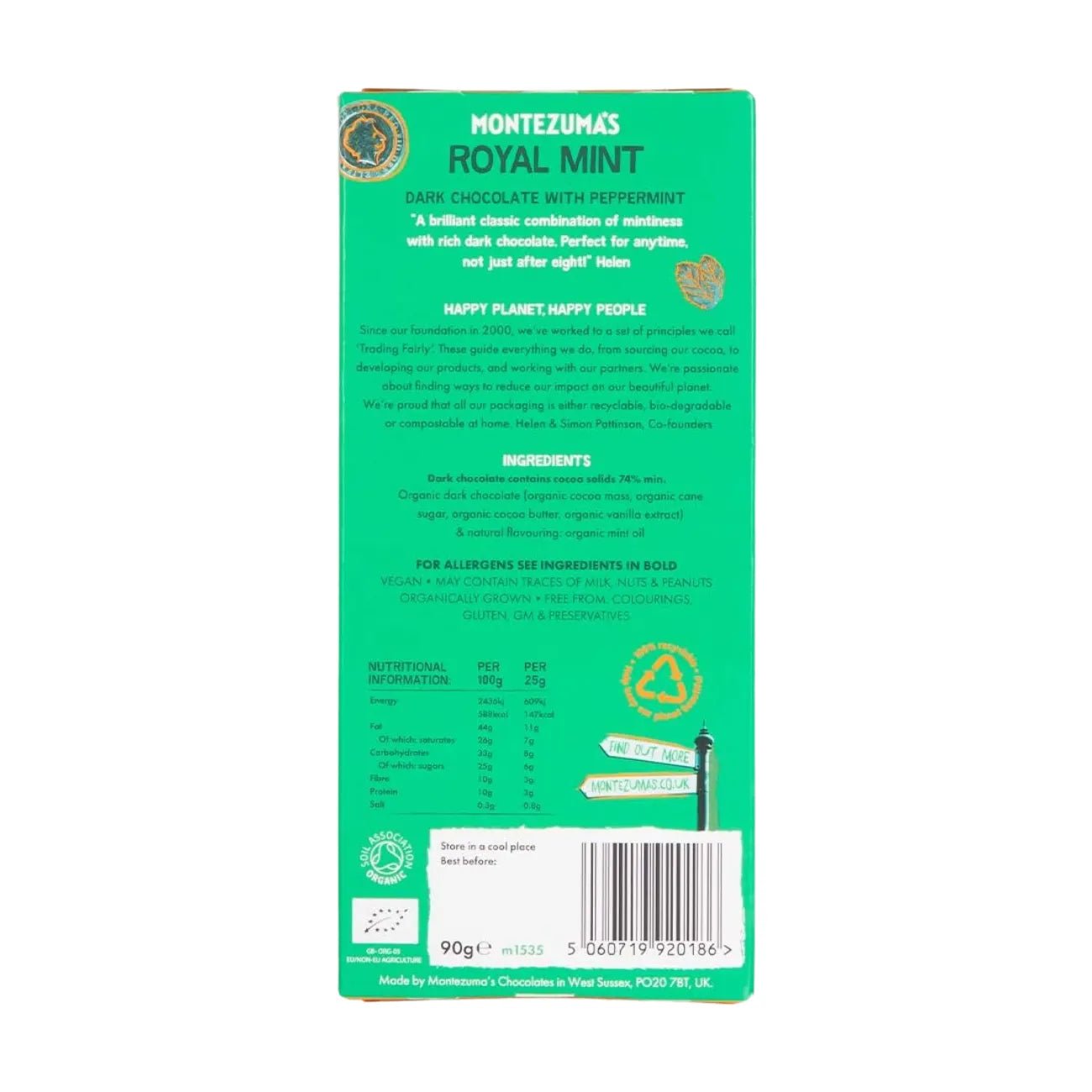 Royal Mint Peppermint Dark Chocolate 74% Cocoa Organic 90g - Montezumas Chocolate - Chocolate Bar - Montezumas Chocolate