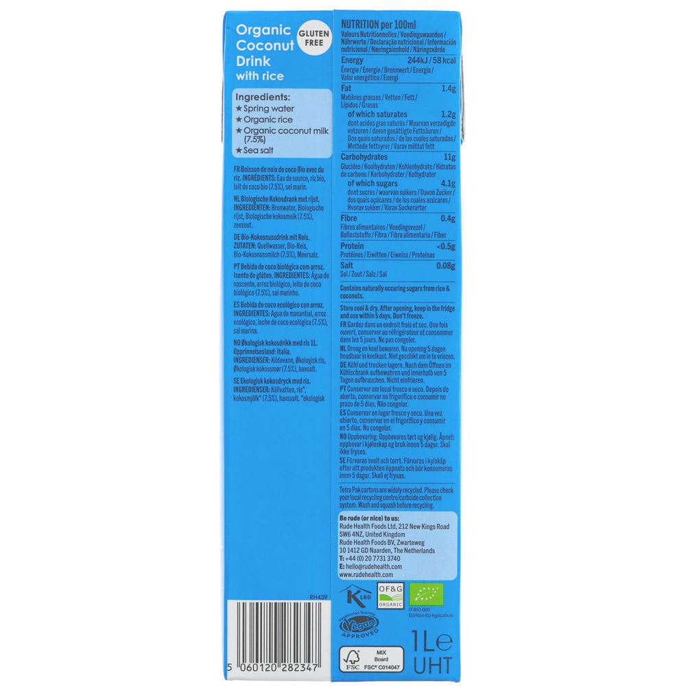 Rude Health Organic Dairy Free Coconut Drink 1000ml back packaging