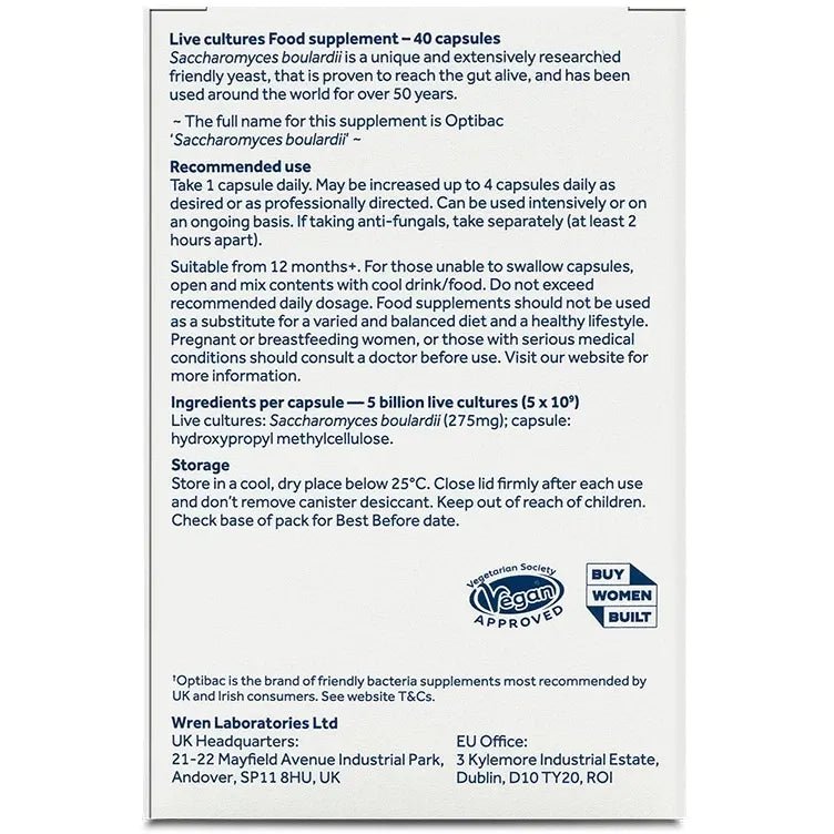 Saccharomyces Boulardii 40 Capsules - OptiBac Probiotics - Digestive Supplements - OptiBac Probiotics
