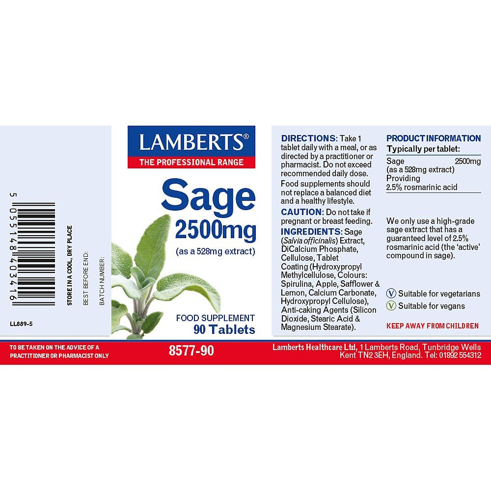Sage 2500mg 90 Tablets - Lamberts - Food Supplement - Eco Natural Products