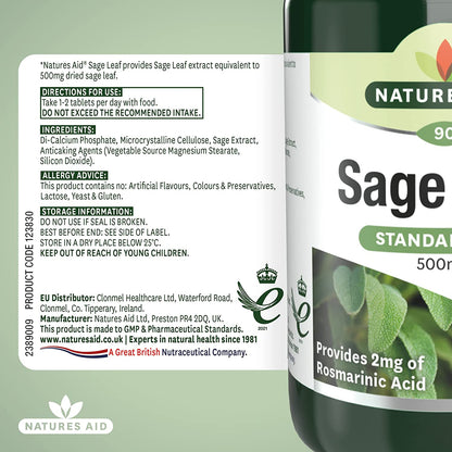 Sage Leaf 50mg 90 Tablets - Natures Aid - Vitamins & Supplements - Eco Natural Products